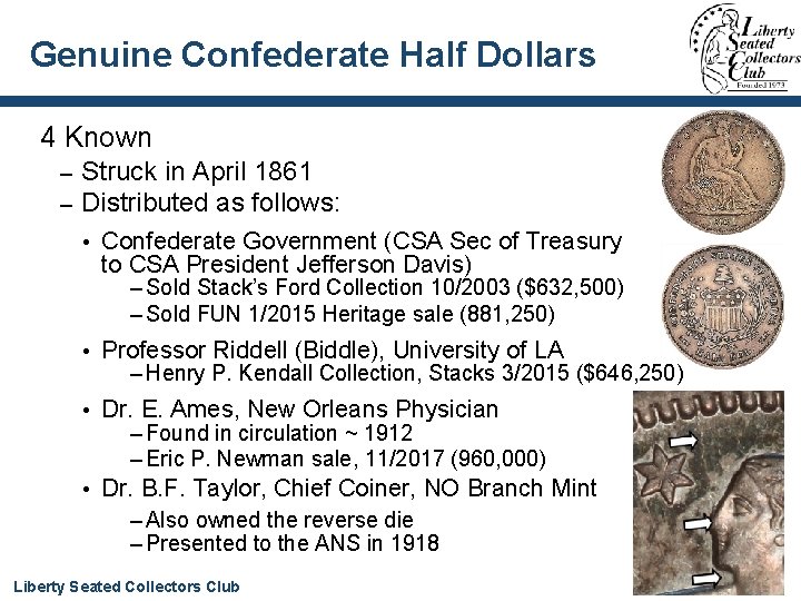 Genuine Confederate Half Dollars 4 Known – – Struck in April 1861 Distributed as