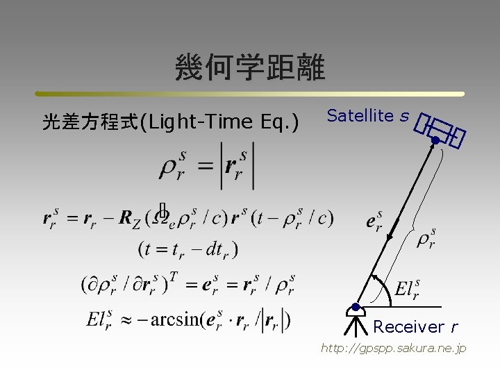 幾何学距離 光差方程式(Light-Time Eq. ) Satellite s Receiver r http: //gpspp. sakura. ne. jp 