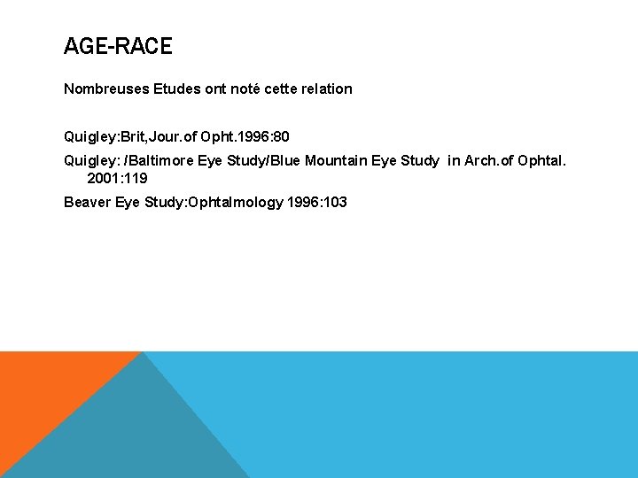 AGE-RACE Nombreuses Etudes ont noté cette relation Quigley: Brit, Jour. of Opht. 1996: 80