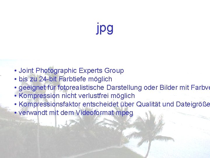 jpg • Joint Photographic Experts Group • bis zu 24 -bit Farbtiefe möglich •