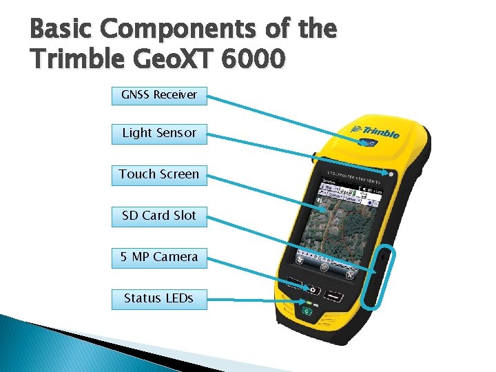 Basic Components of the Trimble Geo. XT 6000 GNSS Receiver Light Sensor Touch Screen