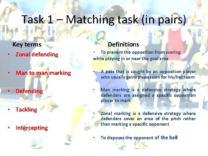 Task 1 – Matching task (in pairs) Key terms Definitions • Zonal defending •