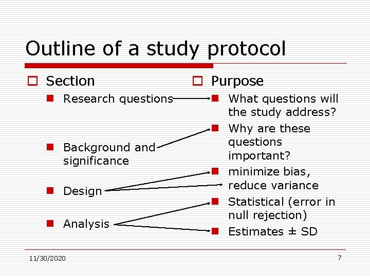 Outline of a study protocol o Section n Research questions n Background and significance