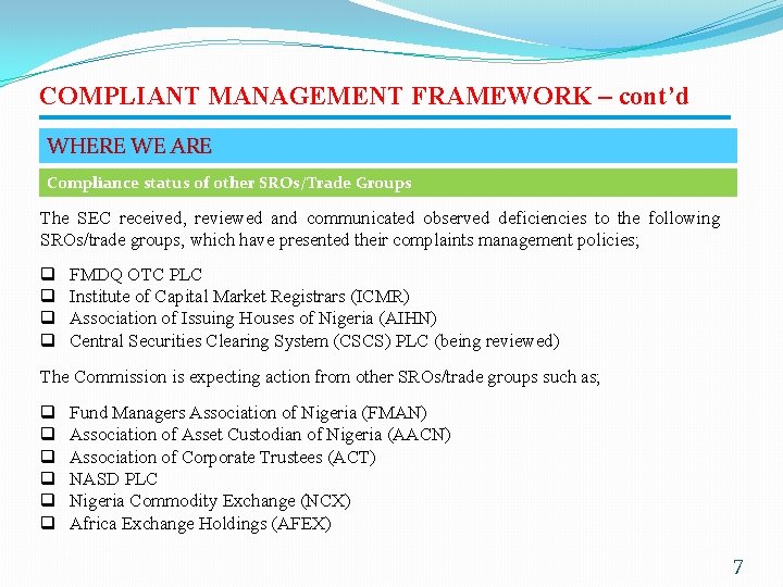 COMPLIANT MANAGEMENT FRAMEWORK – cont’d WHERE WE ARE Compliance status of other SROs/Trade Groups