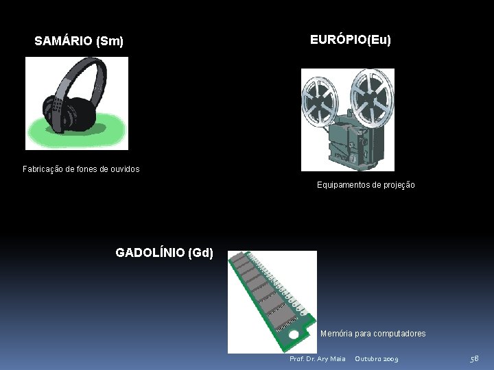 SAMÁRIO (Sm) EURÓPIO(Eu) Fabricação de fones de ouvidos Equipamentos de projeção GADOLÍNIO (Gd) Memória