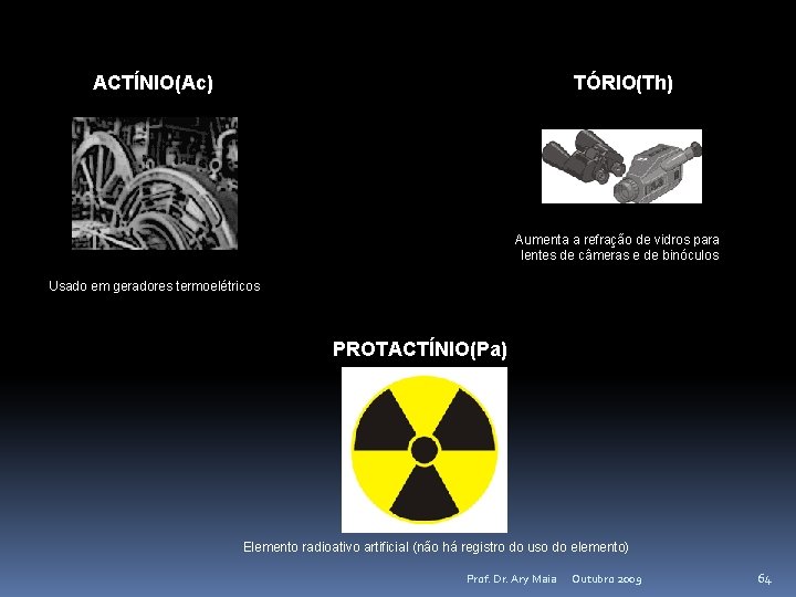 ACTÍNIO(Ac) TÓRIO(Th) Aumenta a refração de vidros para lentes de câmeras e de binóculos