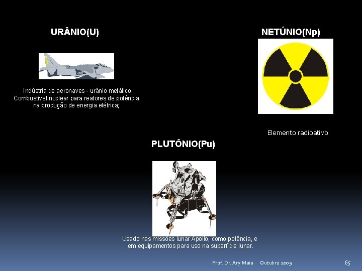 UR NIO(U) NETÚNIO(Np) Indústria de aeronaves - urânio metálico Combustível nuclear para reatores de