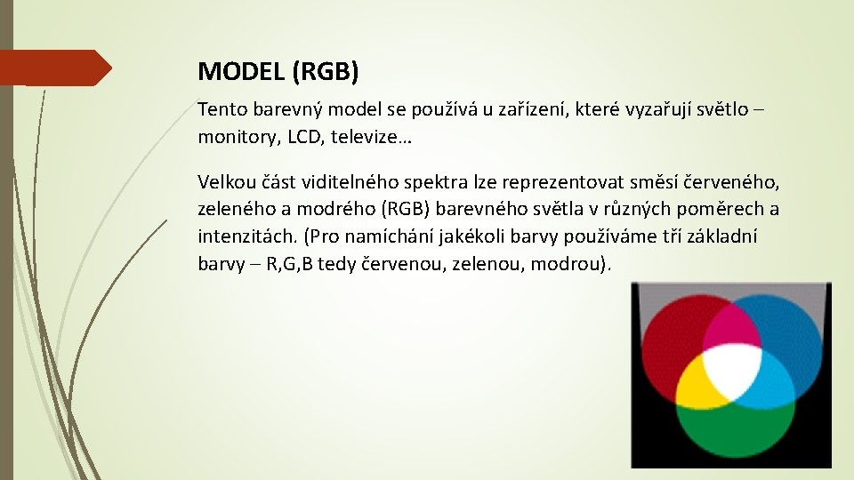 MODEL (RGB) Tento barevný model se používá u zařízení, které vyzařují světlo – monitory,