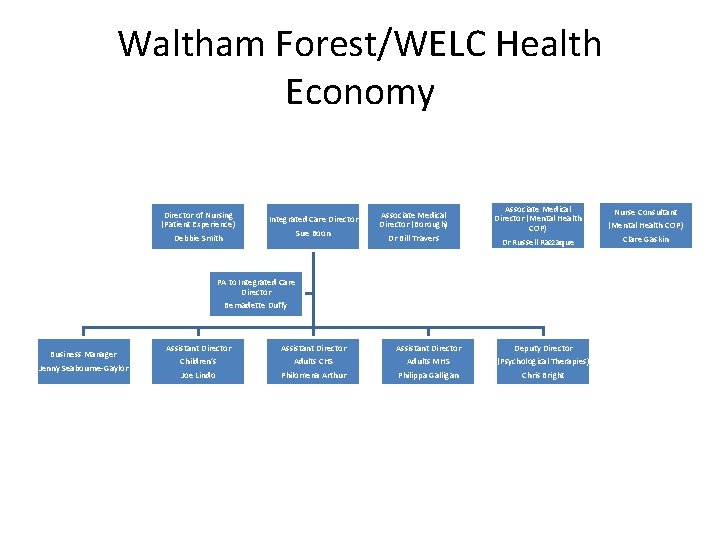 Waltham Forest/WELC Health Economy Director of Nursing (Patient Experience) Debbie Smith Integrated Care Director