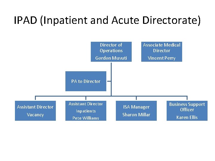 IPAD (Inpatient and Acute Directorate) Director of Operations Gordon Muvuti Associate Medical Director Vincent
