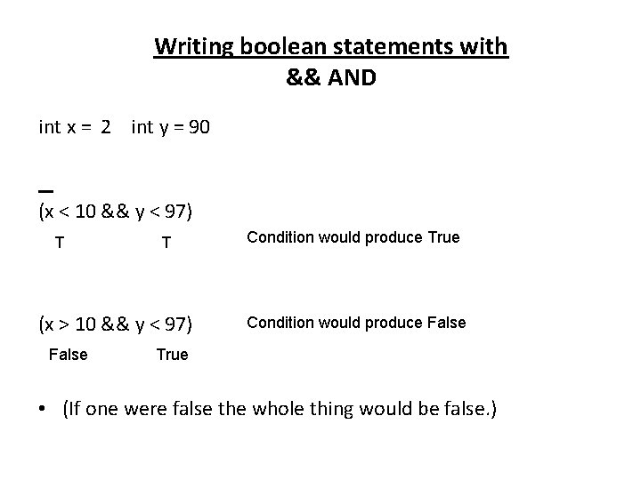 Writing boolean statements with && AND int x = 2 int y = 90