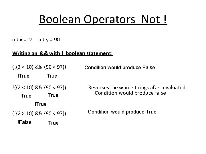 Boolean Operators Not ! int x = 2 int y = 90 Writing an