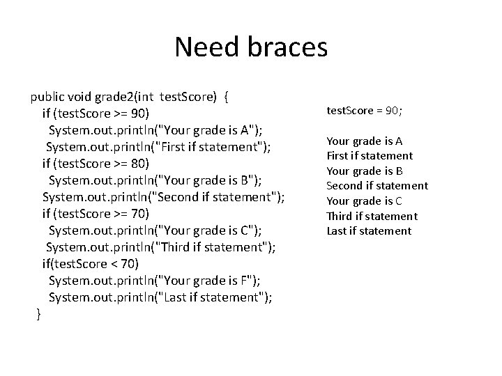 Need braces public void grade 2(int test. Score) { if (test. Score >= 90)
