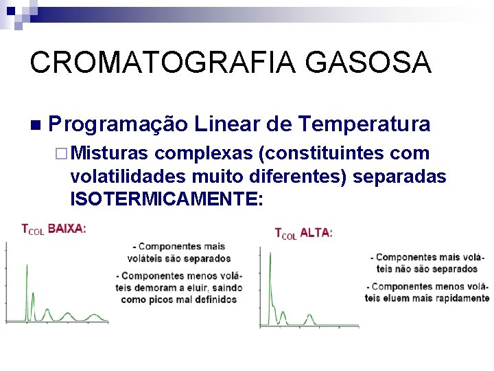 CROMATOGRAFIA GASOSA n Programação Linear de Temperatura ¨ Misturas complexas (constituintes com volatilidades muito