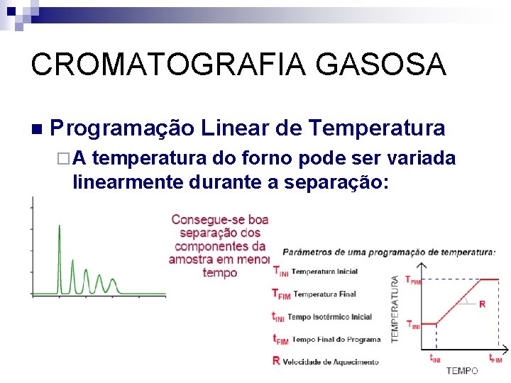 CROMATOGRAFIA GASOSA n Programação Linear de Temperatura ¨A temperatura do forno pode ser variada
