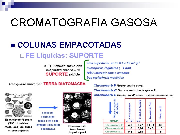 CROMATOGRAFIA GASOSA n COLUNAS EMPACOTADAS ¨ FE Líquidas: SUPORTE 