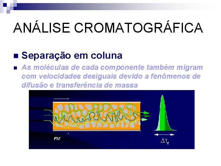 ANÁLISE CROMATOGRÁFICA n Separação em coluna n As moléculas de cada componente também migram