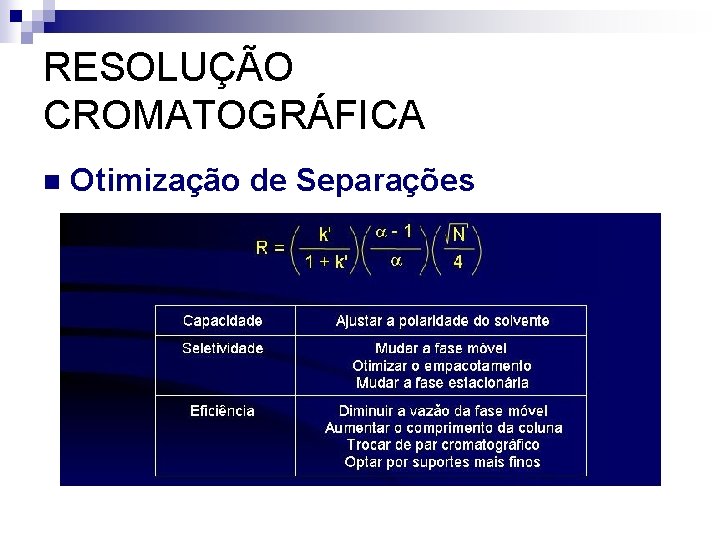 RESOLUÇÃO CROMATOGRÁFICA n Otimização de Separações 