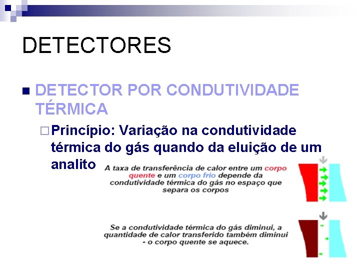 DETECTORES n DETECTOR POR CONDUTIVIDADE TÉRMICA ¨ Princípio: Variação na condutividade térmica do gás