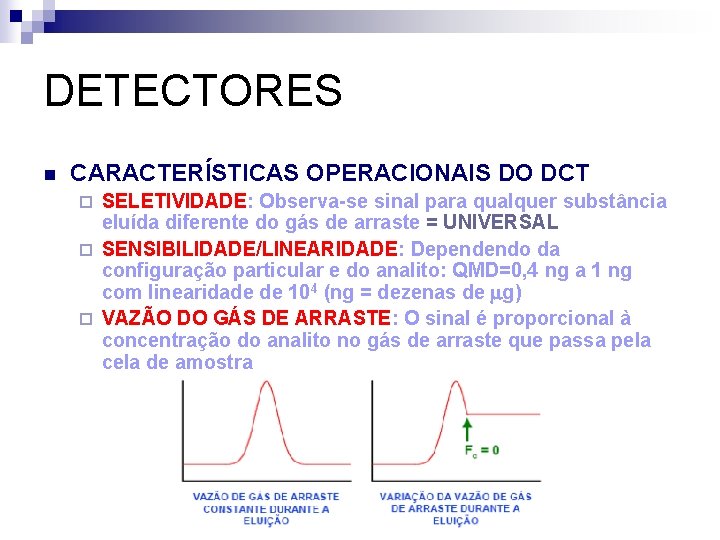 DETECTORES n CARACTERÍSTICAS OPERACIONAIS DO DCT SELETIVIDADE: Observa-se sinal para qualquer substância eluída diferente