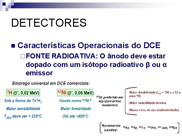 DETECTORES n Características Operacionais do DCE ¨ FONTE RADIOATIVA: O ânodo deve estar dopado