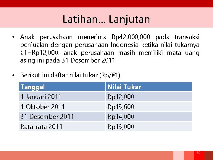 Latihan… Lanjutan • Anak perusahaan menerima Rp 42, 000 pada transaksi penjualan dengan perusahaan