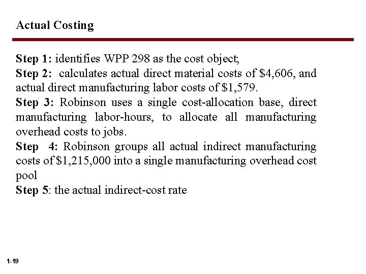 Actual Costing Step 1: identifies WPP 298 as the cost object; Step 2: calculates