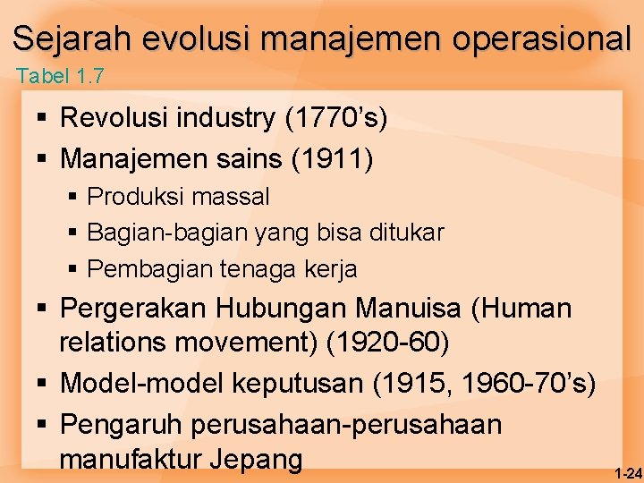 Sejarah evolusi manajemen operasional Tabel 1. 7 § Revolusi industry (1770’s) § Manajemen sains