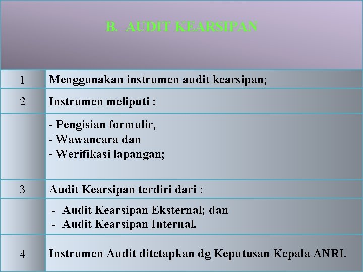 B. AUDIT KEARSIPAN 1 Menggunakan instrumen audit kearsipan; 2 Instrumen meliputi : - Pengisian