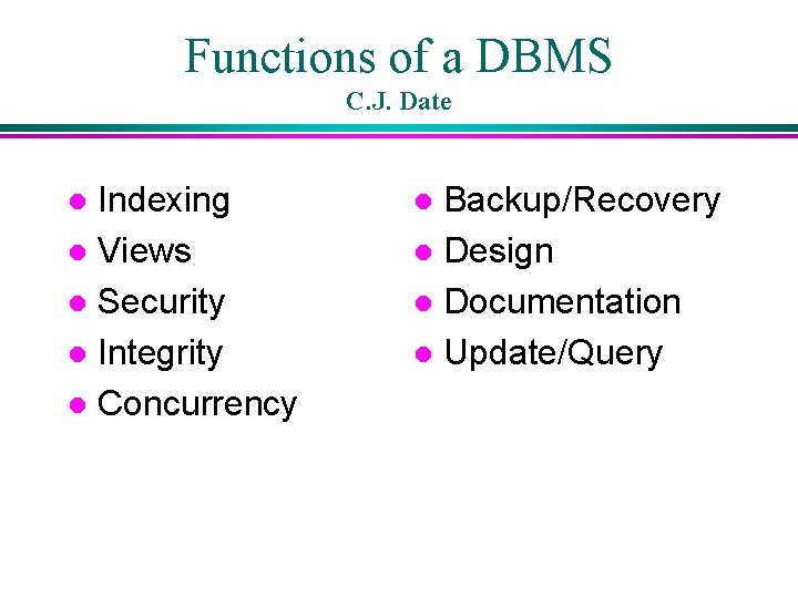 Functions of a DBMS C. J. Date Indexing l Views l Security l Integrity Functions of a DBMS C. J. Date Indexing l Views l Security l Integrity