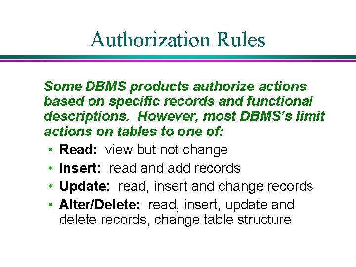 Authorization Rules Some DBMS products authorize actions based on specific records and functional descriptions. Authorization Rules Some DBMS products authorize actions based on specific records and functional descriptions.