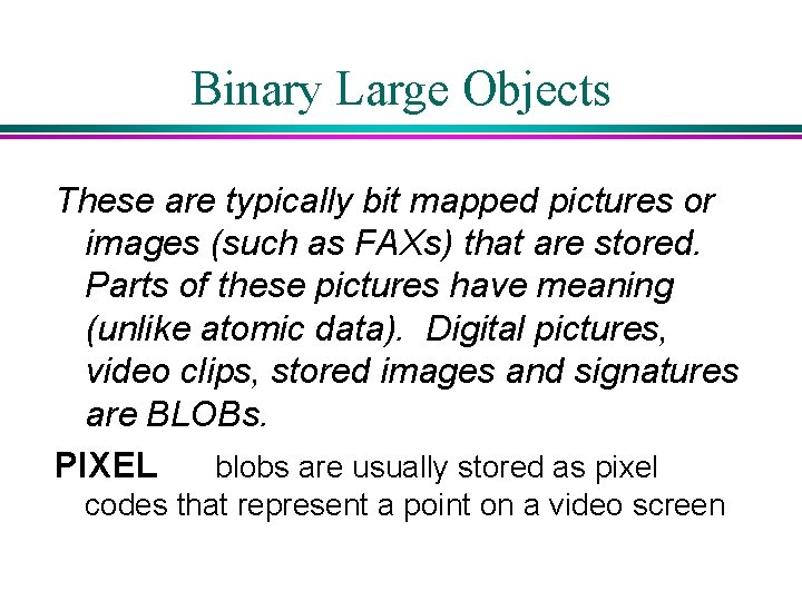 Binary Large Objects These are typically bit mapped pictures or images (such as FAXs) Binary Large Objects These are typically bit mapped pictures or images (such as FAXs)
