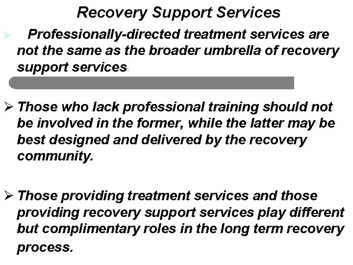 Recovery Support Services Ø Professionally-directed treatment services are not the same as the broader