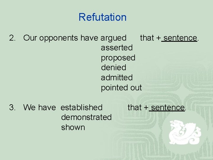 Refutation 2. Our opponents have argued that + sentence. asserted proposed denied admitted pointed