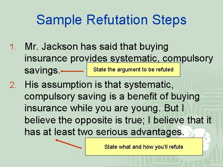 Sample Refutation Steps 1. Mr. Jackson has said that buying insurance provides systematic, compulsory