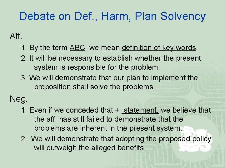 Debate on Def. , Harm, Plan Solvency Aff. 1. By the term ABC, we