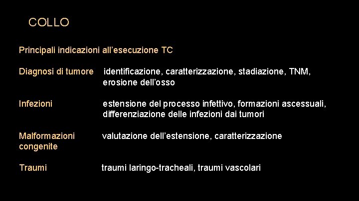 COLLO Principali indicazioni all’esecuzione TC Diagnosi di tumore identificazione, caratterizzazione, stadiazione, TNM, erosione dell’osso