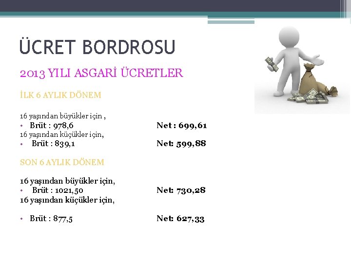 ÜCRET BORDROSU 2013 YILI ASGARİ ÜCRETLER İLK 6 AYLIK DÖNEM 16 yaşından büyükler için