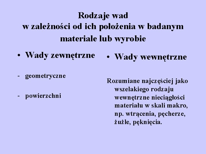 Rodzaje wad w zależności od ich położenia w badanym materiale lub wyrobie • Wady