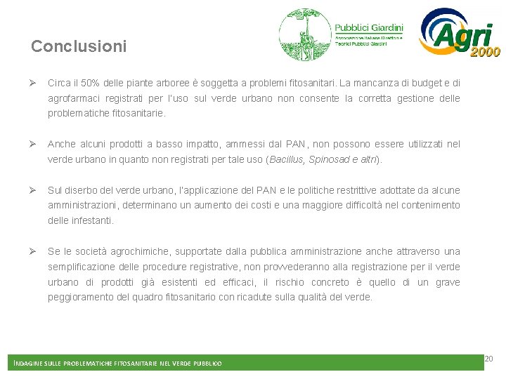 Conclusioni Ø Circa il 50% delle piante arboree è soggetta a problemi fitosanitari. La