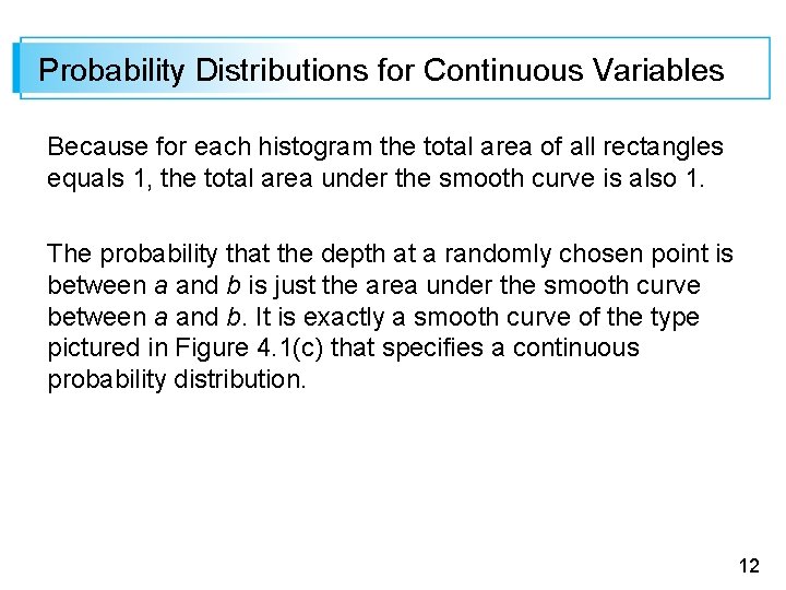 Probability Distributions for Continuous Variables Because for each histogram the total area of all
