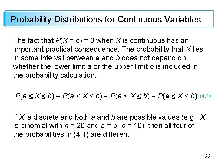 Probability Distributions for Continuous Variables The fact that P(X = c) = 0 when