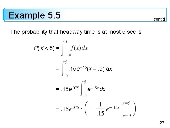 Example 5. 5 cont’d The probability that headway time is at most 5 sec