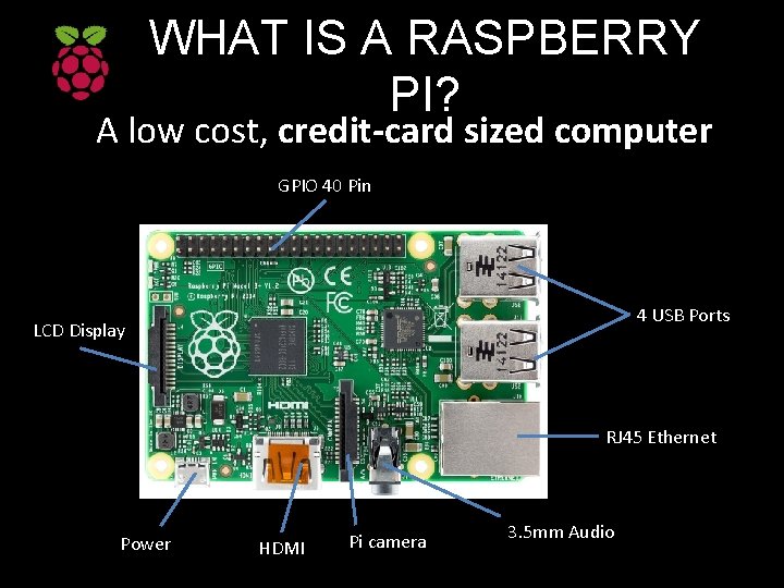 WHAT IS A RASPBERRY PI? A low cost, credit-card sized computer GPIO 40 Pin