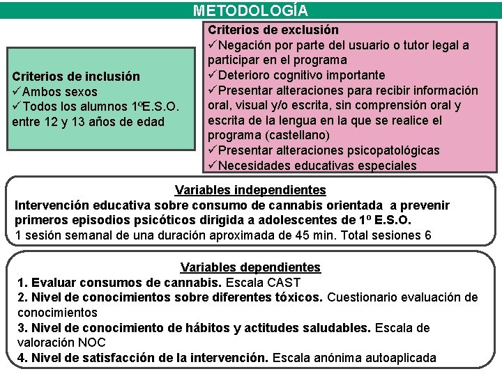METODOLOGÍA Criterios de inclusión Ambos sexos Todos los alumnos 1ºE. S. O. entre 12