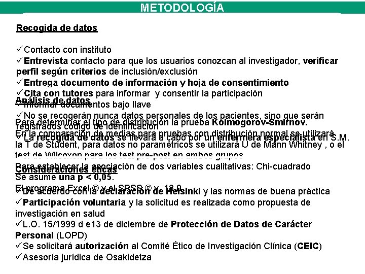 METODOLOGÍA Recogida de datos Contacto con instituto Entrevista contacto para que los usuarios conozcan