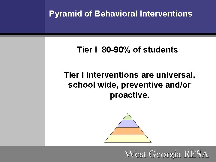 Pyramid of Behavioral Interventions Tier I 80 -90% of students Tier I interventions are