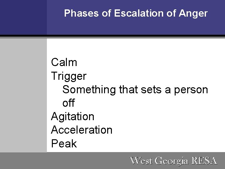 Phases of Escalation of Anger Calm Trigger Something that sets a person off Agitation