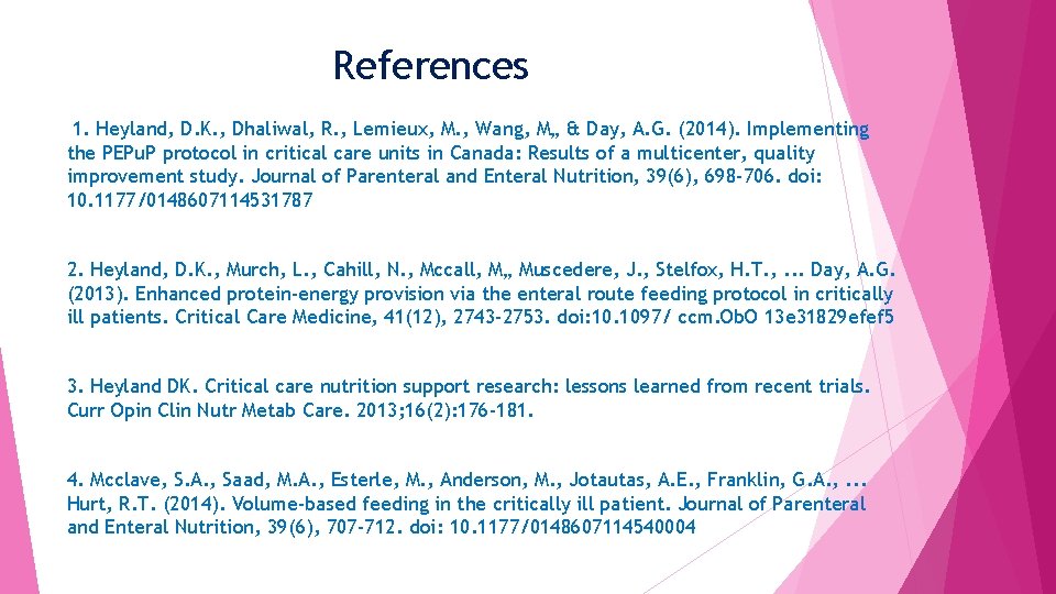 References 1. Heyland, D. K. , Dhaliwal, R. , Lemieux, M. , Wang, M„