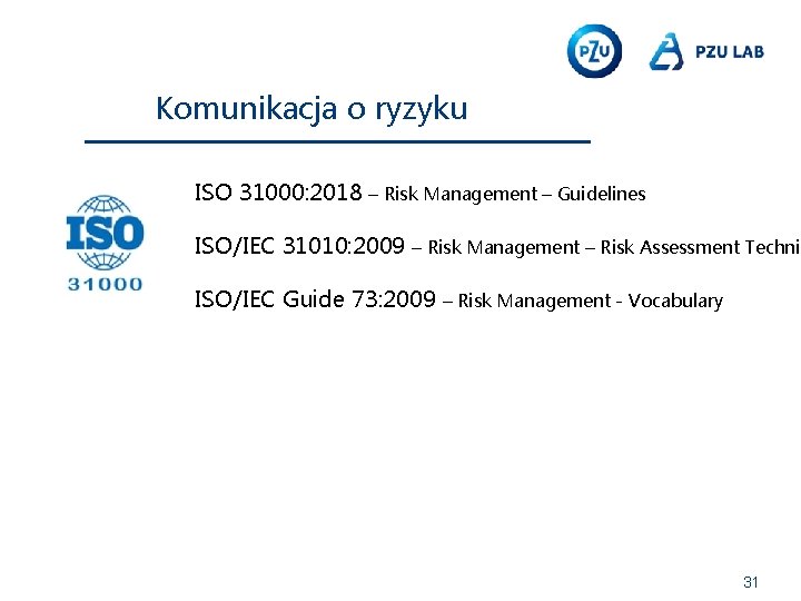 Komunikacja o ryzyku ISO 31000: 2018 – Risk Management – Guidelines ISO/IEC 31010: 2009